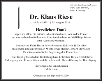Traueranzeige von Klaus Riese von  Usinger Anzeiger