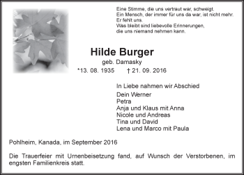 Traueranzeige von Hilde Burger von  Gießener Anzeiger