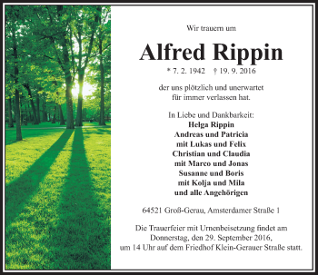 Traueranzeige von Alfred Rippin von Trauerportal Echo Online