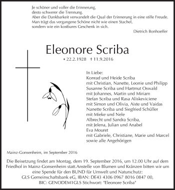 Traueranzeige von Eleonore Scriba von Trauerportal Rhein Main Presse