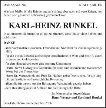 Traueranzeige von Karl-Heinz Runkel von Trauerportal Rhein Main Presse
