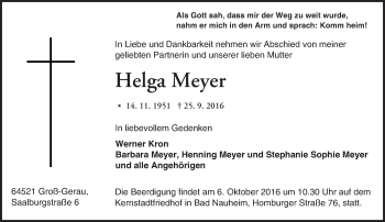 Traueranzeige von Helga Meyer von Trauerportal Echo Online