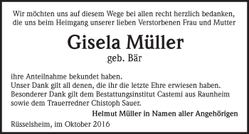 Traueranzeige von Gisela Müller von Trauerportal Rhein Main Presse