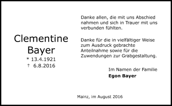 Traueranzeige von Clementine Bayer von Trauerportal Rhein Main Presse