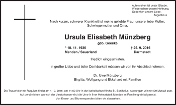Traueranzeige von Ursula Elisabeth Münzberg von Trauerportal Echo Online