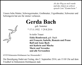 Traueranzeige von Gerda Bach von Trauerportal Rhein Main Presse