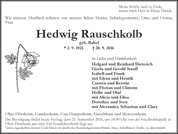 Traueranzeige von Hedwig Rauschkolb von Trauerportal Rhein Main Presse