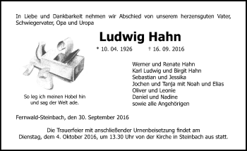 Traueranzeige von Ludwig Hahn von  Gießener Anzeiger