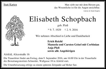 Traueranzeige von Elisabeth Schopbach von VRM Trauer