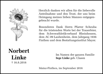 Traueranzeige von Norbert Linke von Trauerportal Rhein Main Presse