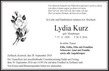 Traueranzeige von Lydia Kurz von VRM Trauer