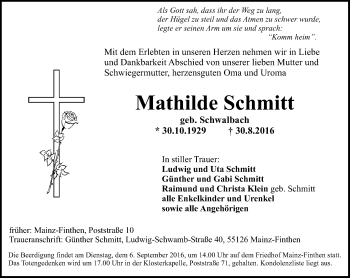 Traueranzeige von Mathilde Schmitt von Trauerportal Rhein Main Presse