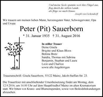 Traueranzeige von Peter  Sauerborn von Trauerportal Rhein Main Presse