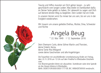 Traueranzeige von Angela Beug von Trauerportal Rhein Main Presse
