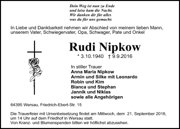 Traueranzeige von Rudi Nipkow von Trauerportal Echo Online