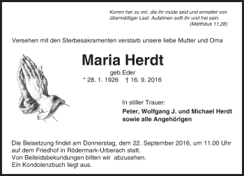 Traueranzeige von Maria Herdt von Trauerportal Echo Online