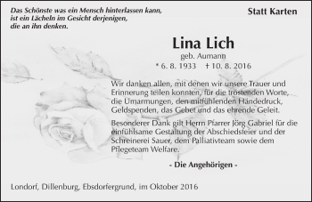 Traueranzeige von Lina Lich von  Gießener Anzeiger