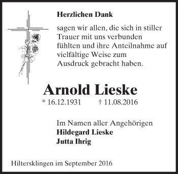 Traueranzeige von Arnold Lieske von Trauerportal Echo Online
