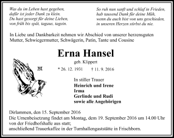 Traueranzeige von Erna Hansel von VRM Trauer