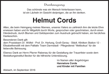 Traueranzeige von Helmut Cords von Trauerportal Echo Online