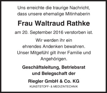Traueranzeige von Waltraud Rathke von Trauerportal Echo Online