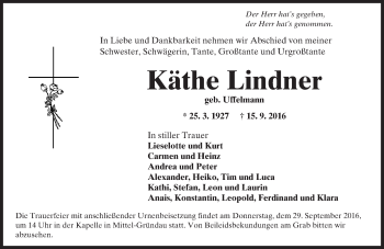 Traueranzeige von Käthe Lindner von  Kreisanzeiger