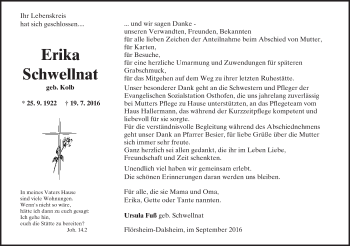 Traueranzeige von Erika Schwellnat von Trauerportal Rhein Main Presse