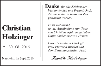 Traueranzeige von Christian Holzinger von Trauerportal Echo Online