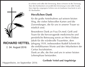 Traueranzeige von Richard Vettel von Trauerportal Echo Online