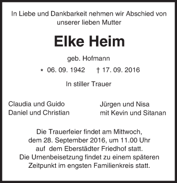 Traueranzeige von Elke Heim von Trauerportal Echo Online