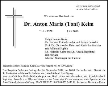 Traueranzeige von Anton Maria  Keim von Trauerportal Rhein Main Presse