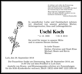 Traueranzeige von Uschi Koch von  Gießener Anzeiger