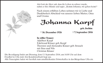 Traueranzeige von Johanna Karpf von  Kreisanzeiger