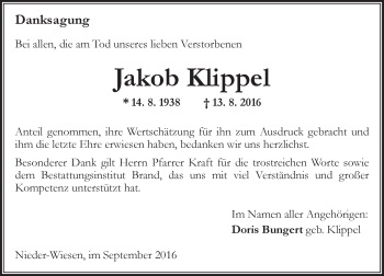 Traueranzeige von Jakob Klippel von Trauerportal Rhein Main Presse