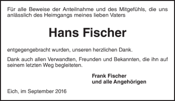 Traueranzeige von Hans Fischer von Trauerportal Rhein Main Presse