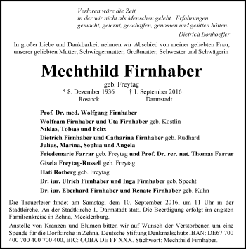 Traueranzeige von Mechthild Firnhaber von Trauerportal Echo Online