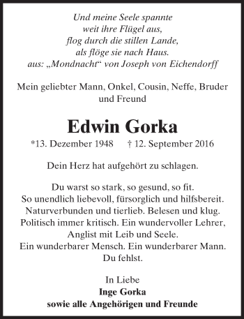 Traueranzeige von Edwin Gorka von Trauerportal Echo Online