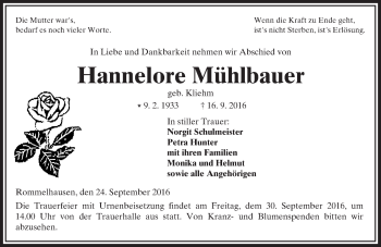 Traueranzeige von Hannelore Mühlbauer von  Kreisanzeiger
