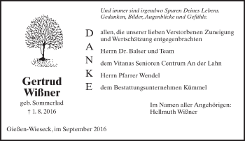 Traueranzeige von Gertrud Wißner von  Gießener Anzeiger