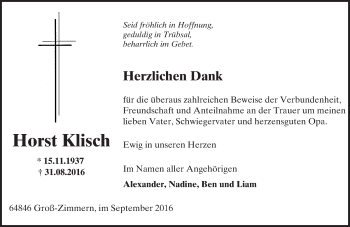 Traueranzeige von Horst Klisch von Trauerportal Echo Online