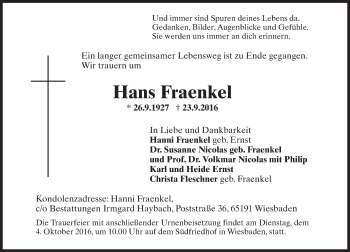 Traueranzeige von Hans Fraenkel von Trauerportal Rhein Main Presse