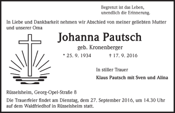 Traueranzeige von Johanna Pautsch von Trauerportal Echo Online