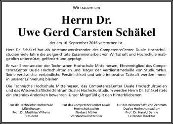 Traueranzeige von Uwe Gerd Carsten Schäkel von  Kreisanzeiger