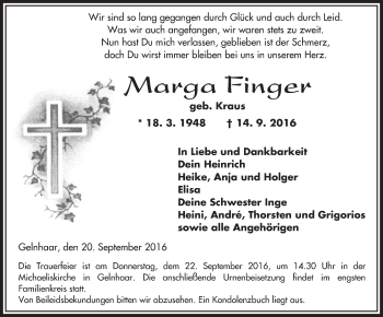 Traueranzeige von Marga Finger von  Kreisanzeiger