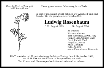 Traueranzeige von Ludwig Rosenbaum von  Gießener Anzeiger