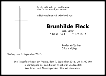 Traueranzeige von Brunhilde Fleck von  Gießener Anzeiger