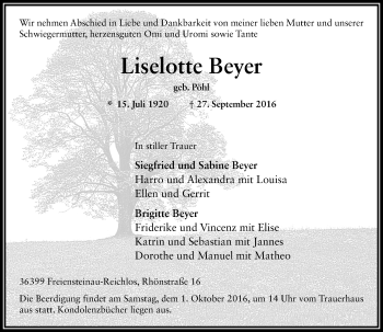 Traueranzeige von Liselotte Beyer von VRM Trauer