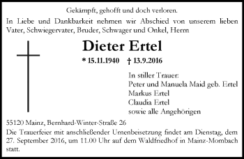 Traueranzeige von Dieter Ertel von Trauerportal Rhein Main Presse