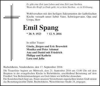 Traueranzeige von Emil Spang von Trauerportal Rhein Main Presse