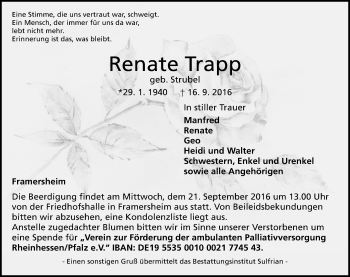 Traueranzeige von Renate Trapp von Trauerportal Rhein Main Presse